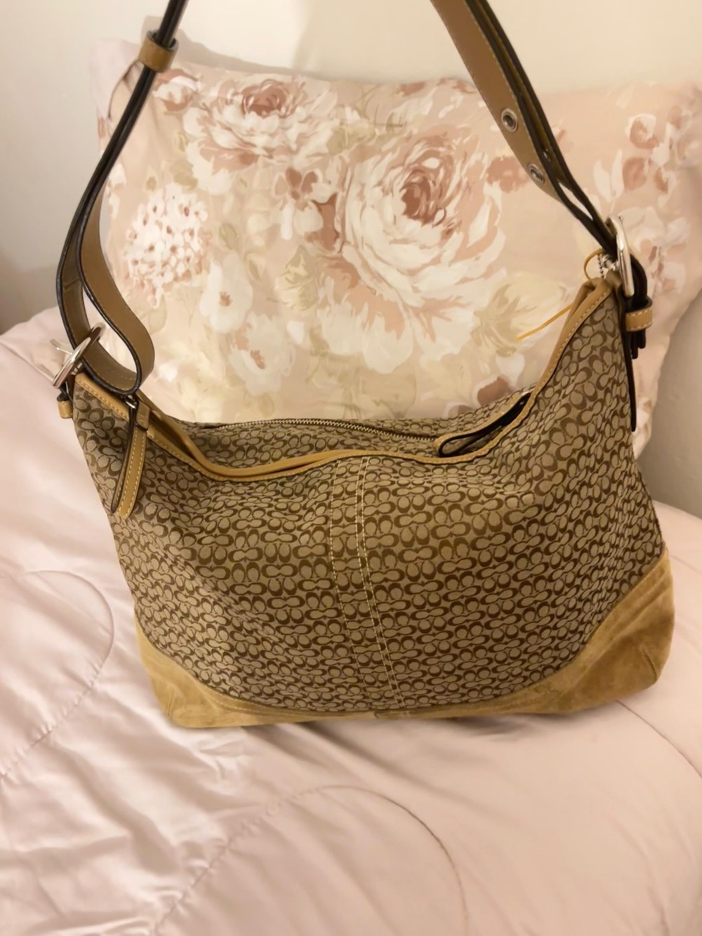 Coach Brown Signature Canvas Shoulder Bag with Tan Suede Trim